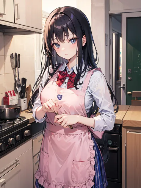 、beautiful、 clear、Yamato Nadeshiko、 school uniform、very long hair、 beauty、apron、masterpiece、service、entrance、 black hair、lure、 charming、 sexy、1 person、 kitchen