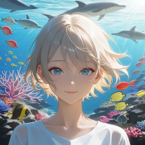 8k,RAW photo, Ultra High Definition,  realistic pictures,  in bright sunlight , A 22-year-old slim Japanese woman、While fluffing her short hair,  Dive into the deep sea 、 swim like a fish in a highly transparent, colorful coral reef,  Surrounded by , No bo...