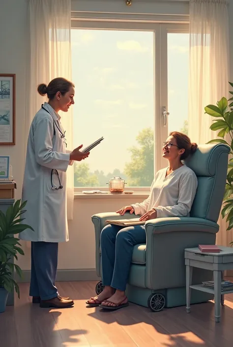 Make me an image of a relaxed and comfortable patient in a reclining position with a doctor at the same time explaining something to him 