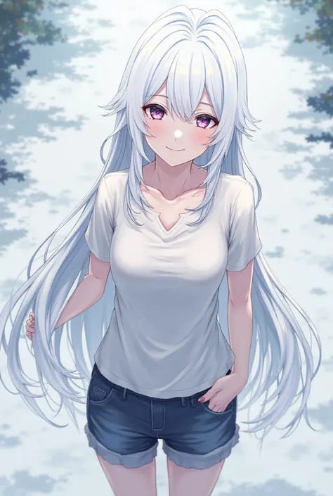 Anime character with long snow-white hair, purple eyes, beautiful appearance, a beauty mark under the eye, wearing a casual outfit, and hair as white as snow. Set against a natural background, with a cold personality.