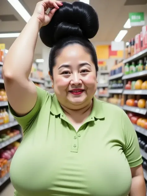 8k,Highest quality, masterpiece, Ultra-high resolution,(masterpiece:1.6, Highest quality), Intricate details, cinematic righting, 1 female,Middle-aged woman in her 50s, japanese, upper body, Arm up, top of head, ((A gigantic hair bun, A huge hair bun:1.5))...