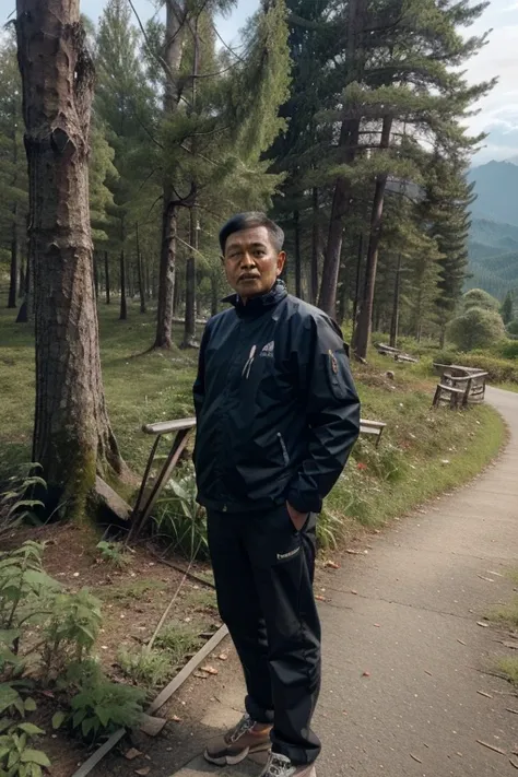 47-year-old Indonesian man wearing mountain jacket standing while smoking against background of mountains of trees