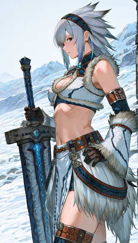 Monster Hunter、Kirin Gear、 one woman、最high quality、 masterpiece、Ultra High Definition、high quality、Gray Hair、 Snow Mountain 、I'm staring at a monster、profile、gnawed expression、Great Sword、Shao Thunder Sword【Kirin】