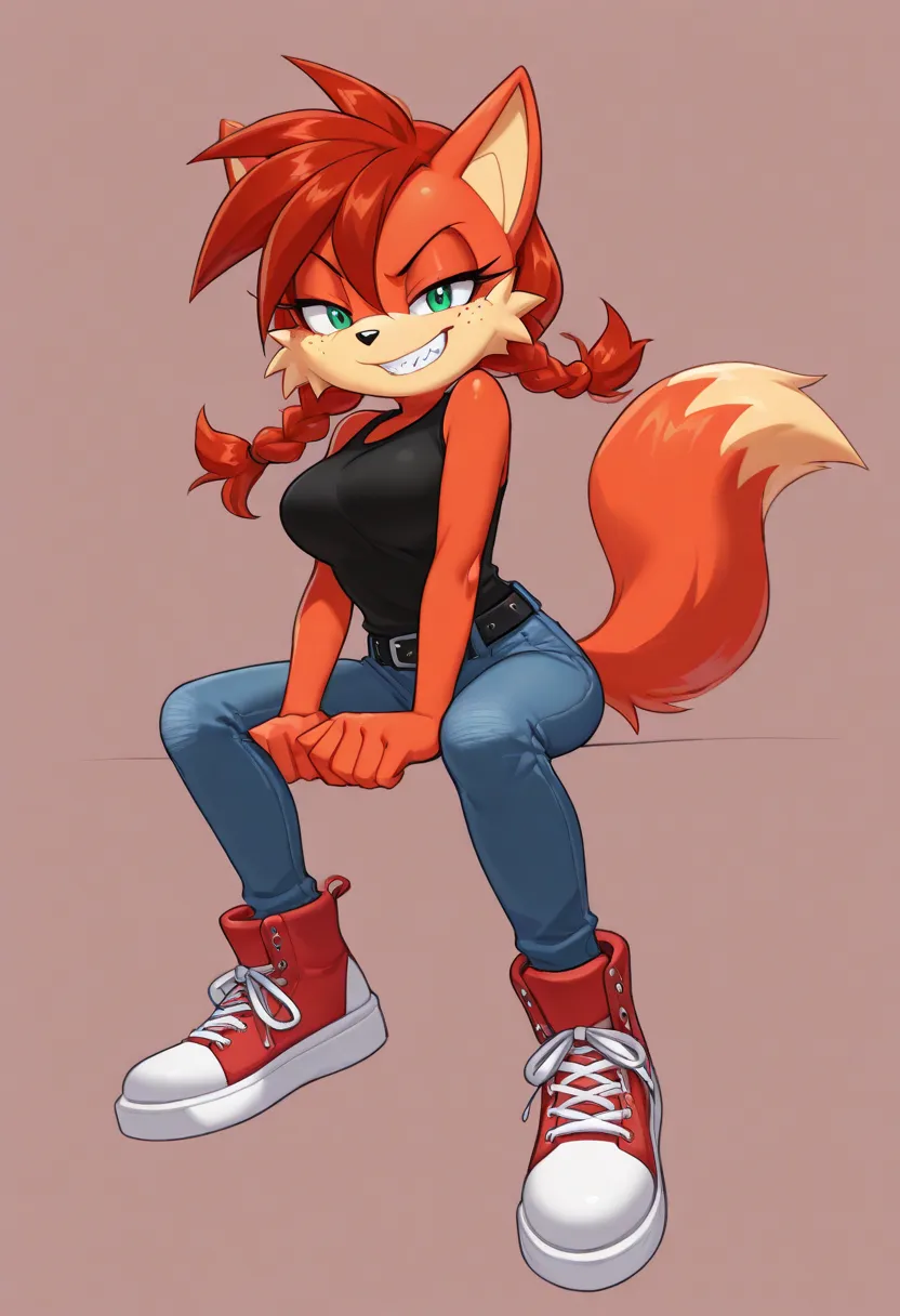 awesome drawing of furry female in jeans and red high tops red high tops, 1girl, solo, furry, furry female, pants, smile, tail, animal ears, orange fur, green eyes, breasts, shoes, teeth, denim, simple background, body fur, braid, belt, orange hair, full b...