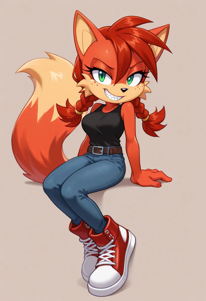 awesome drawing of furry female in jeans and red high tops red high tops, 1girl, solo, furry, furry female, pants, smile, tail, animal ears, orange fur, green eyes, breasts, shoes, teeth, denim, simple background, body fur, braid, belt, orange hair, full b...