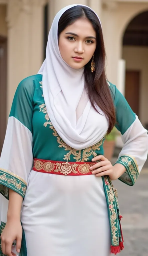 a woman in elegant traditional fashion, is likely from a Middle Eastern or Central Asian culture. She was wearing a long dress with a predominance of green and white with a little open at the chest, is decorated with intricate embroidery with distinctive m...