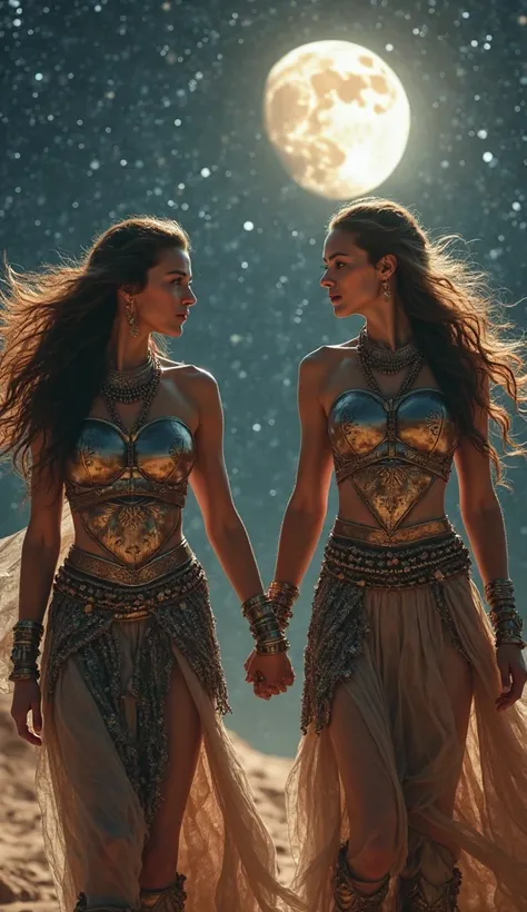 Ultra-realistic, cinematic lighting, Canon EOS R5, hyper-realistic photo, RAW photo, skin pores visible, dramatic shadows. Twin women, dressed as mystical warriors, walk hand in hand under the glowing light of Mercury in the vastness of space. One takes ca...