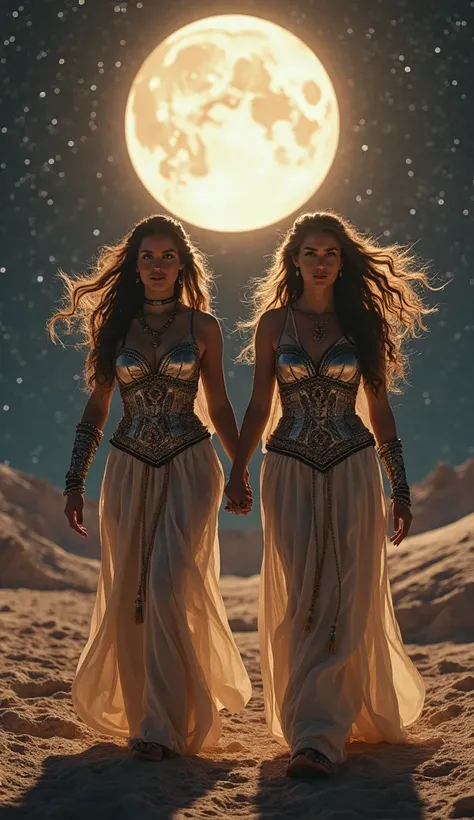 Ultra-realistic, cinematic lighting, Canon EOS R5, hyper-realistic photo, RAW photo, skin pores visible, dramatic shadows. Twin women, dressed as mystical warriors, walk hand in hand under the glowing light of Mercury in the vastness of space. One takes ca...