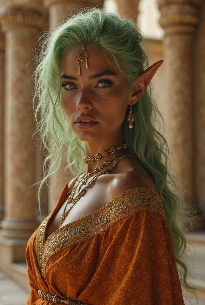 Upper body shot, North African woman, pointy elf ears, caramel skin, pastel green hair, closed mouth, ancient Greek noble attire, Greek jewelry, dynamic pose, complex fantasy character, NSFW, cinematic lighting, fantasy, magic, detailed background, in an a...