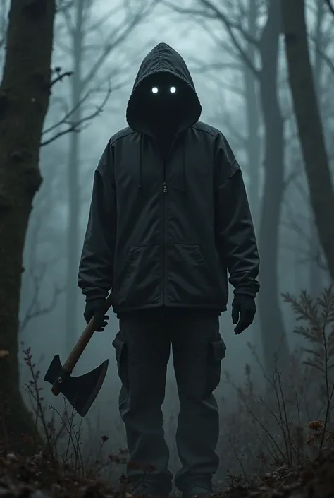 Create a mysterious black figure wearing pants and hoodie with this color palette #2B2E4D and he is with his hood up, he has white eyes and he gives of death vibes, and he's holding a axe, and he's in a dark forest with fog