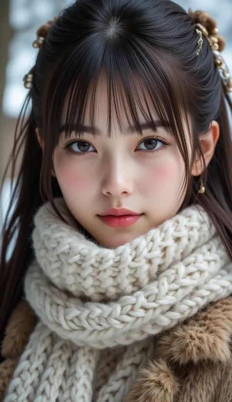 (masterpiece, TOP QUALITY),1 girl,  alone,  dark-haired,  scarf,  real hair ornaments, realistic, realistic, viewers, Pale, dark eyes ,  with shiny bangs ,  brown fur, Winter clothes, White head scarf, lips, bangs, Outdoors,  I closed my mouth,  upper body...