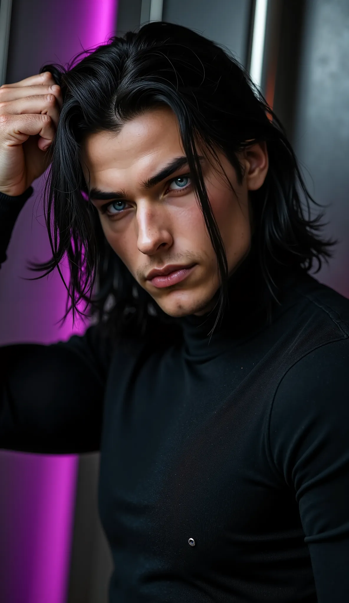 Hyper realistic selfie of a handsome young man with a strong, muscular build, no hairs on the chest, cleanshaven face, one hand raking through his hair, black woolen textured shirt with a thight fit. He has long, black hair, His skin is light. His eyes are...