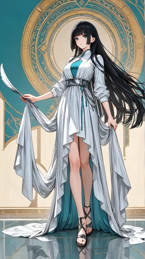 1girl, slender, long black hair (flowing), hime haircut, wearing flowing dress: (color, teal and silver combination), sandals, standing, whole body, holding a quill, dynamic background, ultradetail, absurdres 