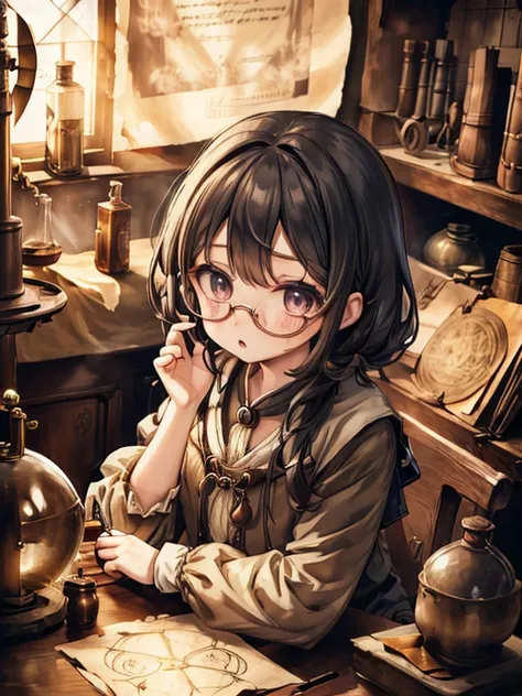  masterpiece, TOP QUALITY, very detailed, 16k,  Ultra High Definition , cowboy shot, detailed faces,  girl,   dark eyes,   black hair, knitting glasses,  renaissance_Alchemist_ studio,  table, chair, chairに座る