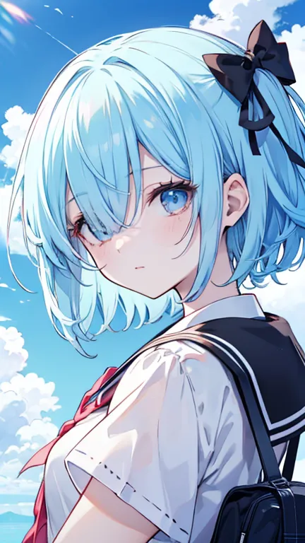 Best anime quality , improve 4k pic , Rem , eyes are sky blue up and down is black , short blue hair that cover her left eye because of her bangs ,and the right side is the pick ribbon , she wearing school uniform for Japan