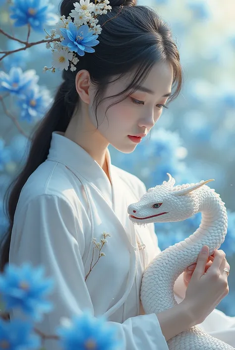 solo, a girl wearing a white choeongsam, petting a white snake, blue flower in background, Chinese theme, absurdres, masterpiece, best quality, UHD