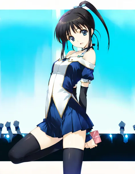 masterpiece,best quality,good quality,smile, looking at viewer, solo, anime coloring,from front, ((sugiura_koharu)),sugiura_koharu\(white_album_2\),1girl,solo,black hair,ponytail,hair ribbon,blue eyes,open mouth,1girl,((stage costume,blue and white jacket,...