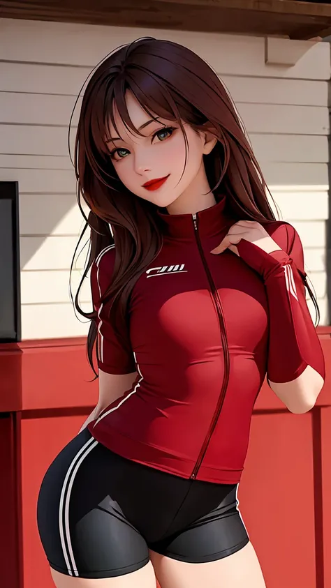 woman , long hair brown, normal, dark, she is solo, from alternative world ,best quality, realistic, cycling (full dark red color) suit and cycling sports black shorts, she is stand , smile, red lipstick, makeup face 