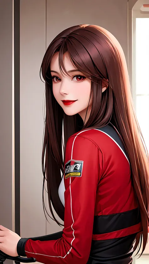 woman , long hair brown, normal, dark, she is solo, from alternative world ,best quality, realistic, cycling (full dark red color) suit and cycling sports black shorts, she is stand , smile, red lipstick, makeup face 