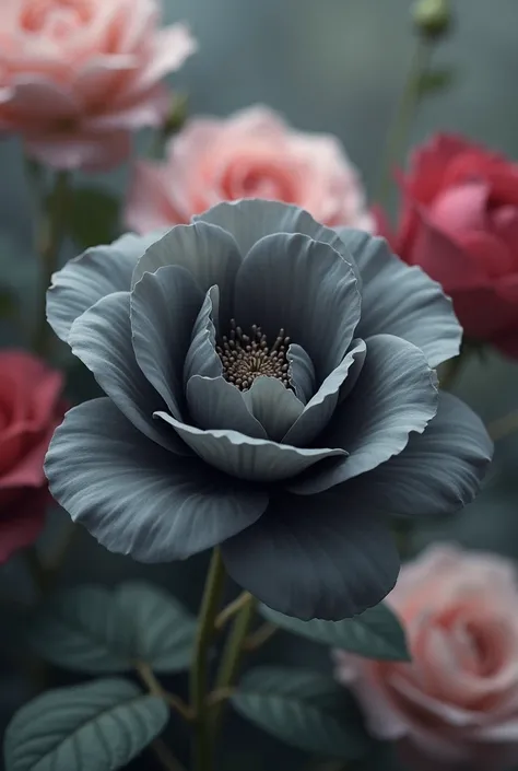 1 dark gray flower petals with roses in the background (blurred)