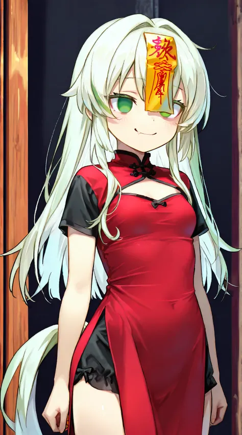 (high quality, ultra-detailed), female, white hair with few red highlights strands, short side pony tail, solo, emerald eye color both empty eyes, anatomically correct, smiling softly, medium breast (clothed), Guanfu dress (Jiangshi) (black) (short sleeves...