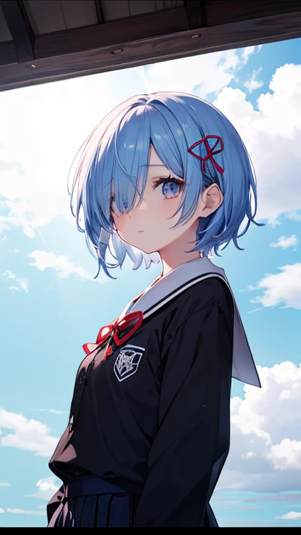 Best anime quality , improve 4k pic , Rem , eyes are sky blue up and down is black , short blue hair that cover her left eye because of her bangs ,and the right side is the pick ribbon , she wearing school uniform for Japan