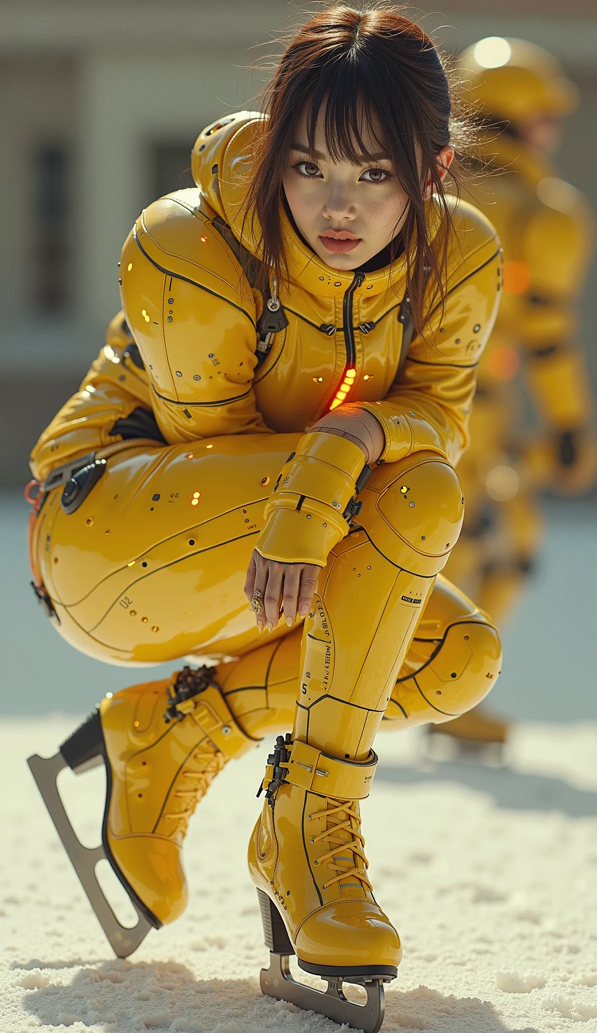 photo-realistic, ultra-realistic, very beautiful Japanese futuristic soldier, famous Japanese idol, dramatic scene, masterpiece, beautiful eyes, dark auburn hair, wearing yellow high heel ice skates , (cyber punk glossy intricated yellow mecha armor suits ...