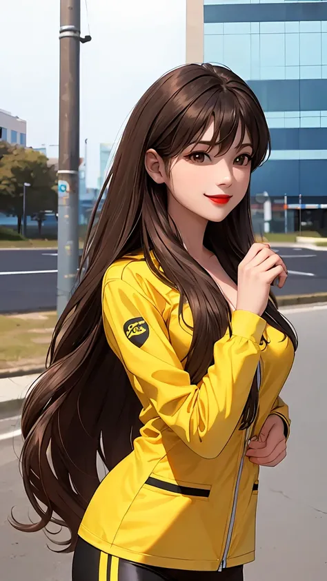 woman , long hair brown, normal, dark, she is solo, from alternative world ,best quality, realistic, cycling (full yellow color) suit and cycling sports black shorts, she is stand , smile, red lipstick, makeup face 