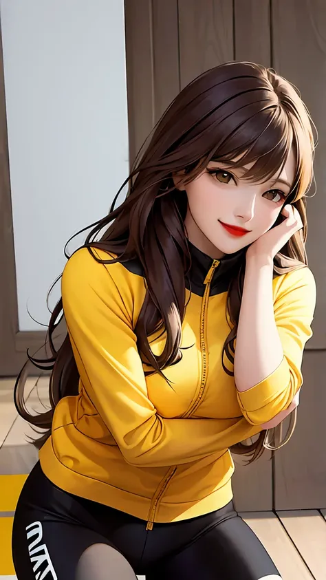 woman , long hair brown, normal, dark, she is solo, from alternative world ,best quality, realistic, cycling (full yellow color) suit and cycling sports black shorts, she is stand , smile, red lipstick, makeup face 