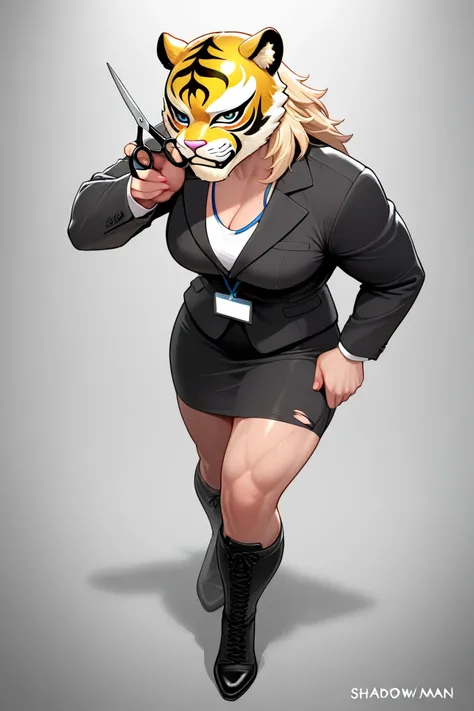 Female professional wrestler Tiger Mask, her mask is torn and her face is visible,Mask cut off with scissors by shadowman