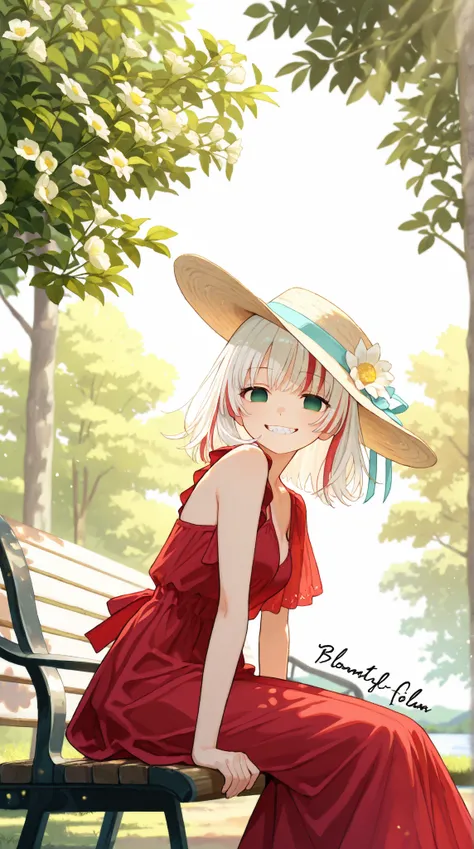 (high quality, ultra-detailed), female, white hair with few red highlights strands, short side pony tail, solo, emerald eye color both empty eyes, anatomically correct, smiling softly, medium breast (clothed),  A 2D cinematic side-scrolling game-style scen...