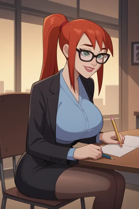 2D, source_cartoon, score_9, score_8_up, score_7_up, score_6_up, score_5_up, score_4_up, BREAK, 1 girl, Mary Jane, alone, Marvel, ponytail, smiling, blue shirt, shirt with long sleeves, suit, black suit, skirt, pencil, black skirt, extremely massive breast...