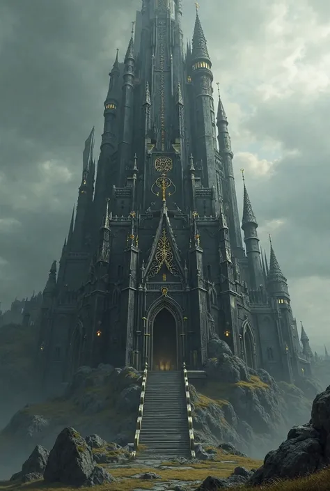 An extremely large castle that touches the clouds, It has a black color with some gold details, He is creepy at the same time extremely handsome