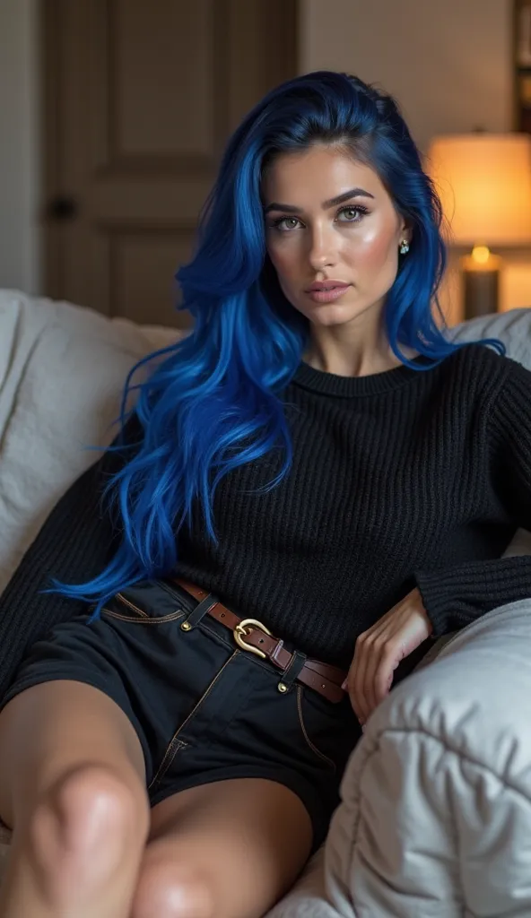 Une magnifique influenceuse aux longs cheveux bouclés bleu-cobalt portant un pull noir en laine qui laisse ses épaules nues et un mini-short noir. Elle est assise sur son canapé en train de regarder la télé