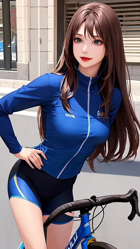 woman , long hair brown, normal, dark, she is solo, from alternative world ,best quality, realistic, cycling (full blue color) suit and cycling sports black shorts, she is stand , smile, red lipstick, makeup face 