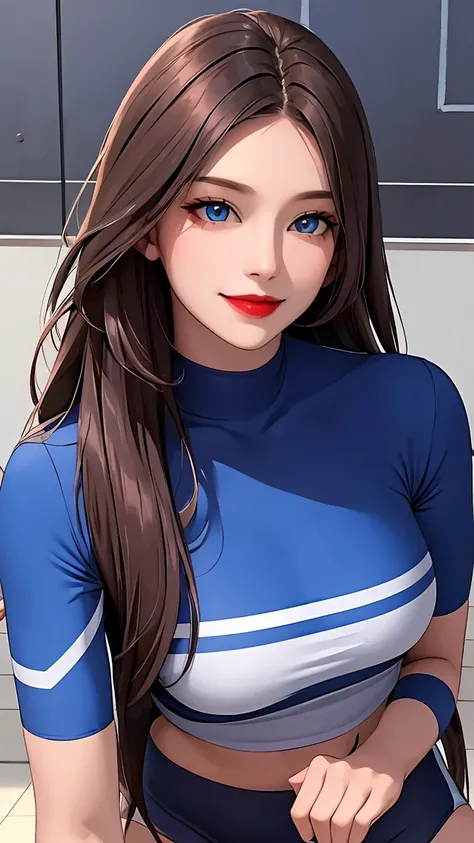 woman , long hair brown, normal, dark, she is solo, from alternative world ,best quality, realistic, cycling (full blue color) suit and cycling sports black shorts, she is stand , smile, red lipstick, makeup face 