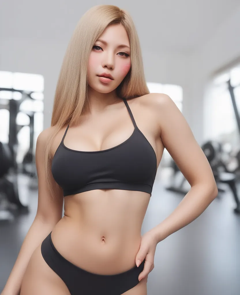 Ahri in a black bikini posing for a picture in a gym