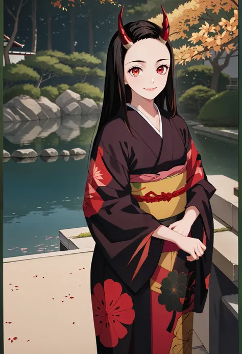 score_9, score_8_up, score_7_up, (Demon Slayer, Kimetsu no yaiba style), (nezuko kamado), (upper body, front view), (1girl, solo), (black long hair, straight hair, forehead), red eyes, (red demon horns:1.4), (looking at viewer, smile:1.1), kimono, (standin...