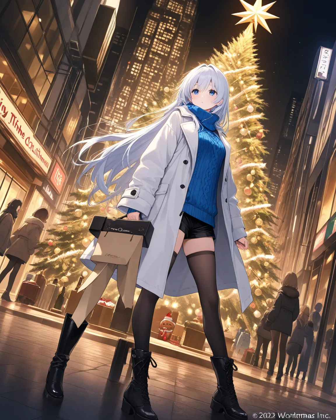  in the city at night、big wooden christmas tree、Beautiful girl standing in front of a Christmas tree、blue knit with black shorts、 black long boots、 white down coat