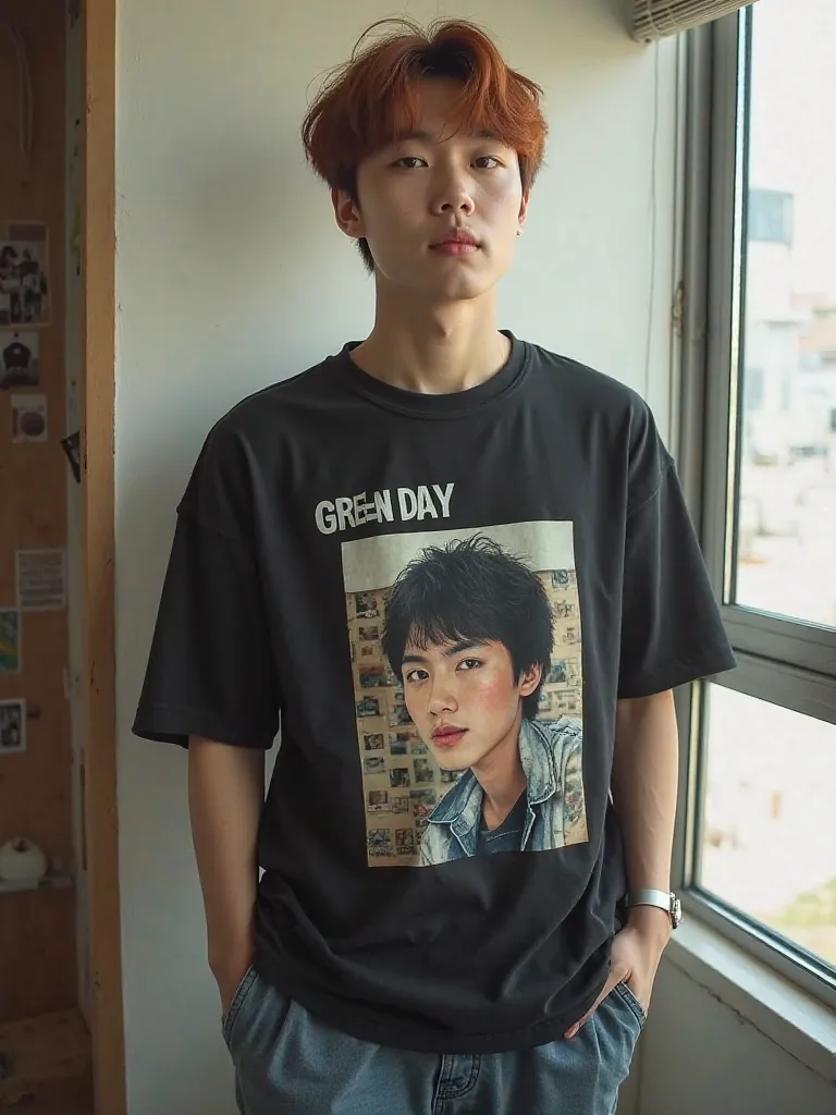  A handsome Korean man  , slightly chubby , short reddish brown hair, white skin, round-eyed ,  Slightly thick lips, chubby cheeks, wearing a pictorial black t-shirt "green day", long jeans , standing at the window of the room,   very high resolution and b...