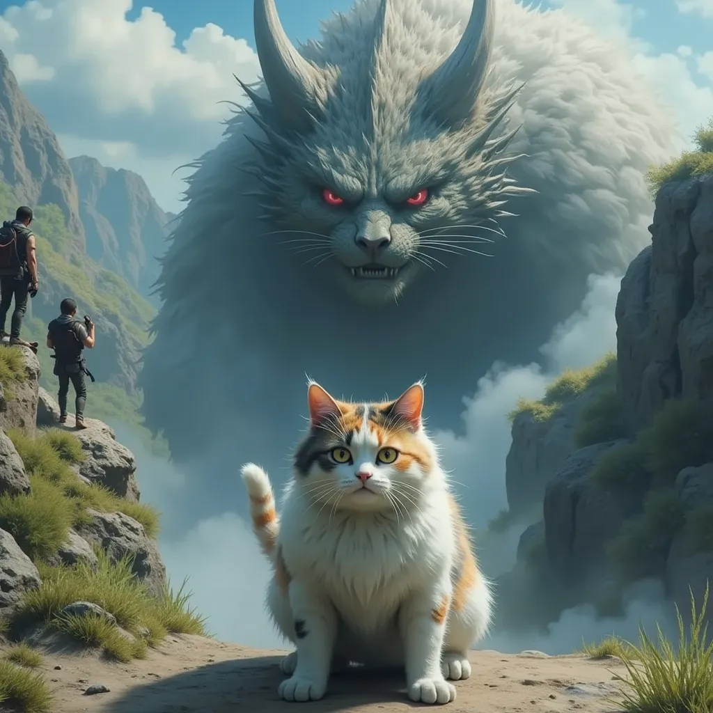 A cute, chubby calico cat Kufu Master stands ready to confront a gigantic monster at the bottom of a valley. The Kufu Master exudes determination, its fur rustling as it prepares for battle. Meanwhile, the monster looms menacingly in the distance. High abo...