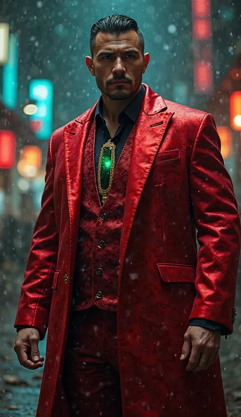 China 🇨🇳 – A Triad leader in a crimson silk suit, jade pendant glowing under streetlights. His tiger-faced guardian, muscular and silent, watches with glowing eyes.


