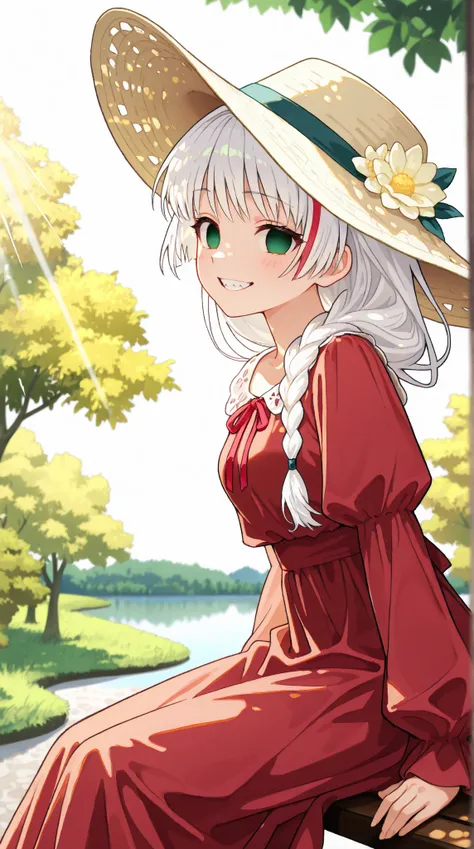 (high quality, ultra-detailed), female, white hair with few red highlights strands, single long braid starts below the neck and all the way down the end of the back knee, solo, emerald eye color both empty eyes, anatomically correct, smiling softly, medium...