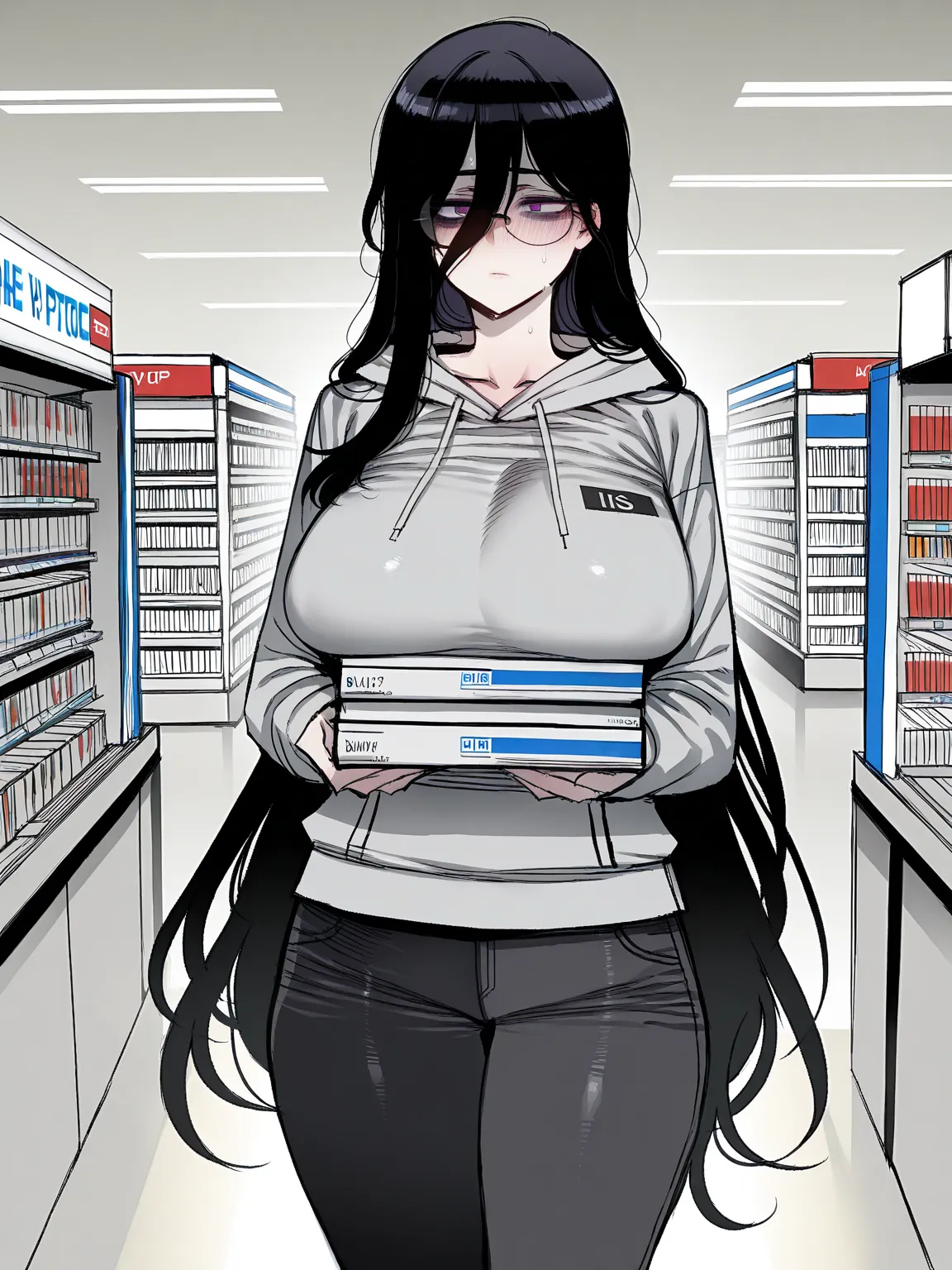 ((ratatatat74)), ((1 girl)), (solo), Long wavy black hair, round glasses, crooked eyewear, mature, adult, very long hair, hair between eyes, long bangs, disheveled hair, purple eyes, hair_over_one_eye, bags_under_eyes, tareme, empty_eyes, round eyes, bulbo...