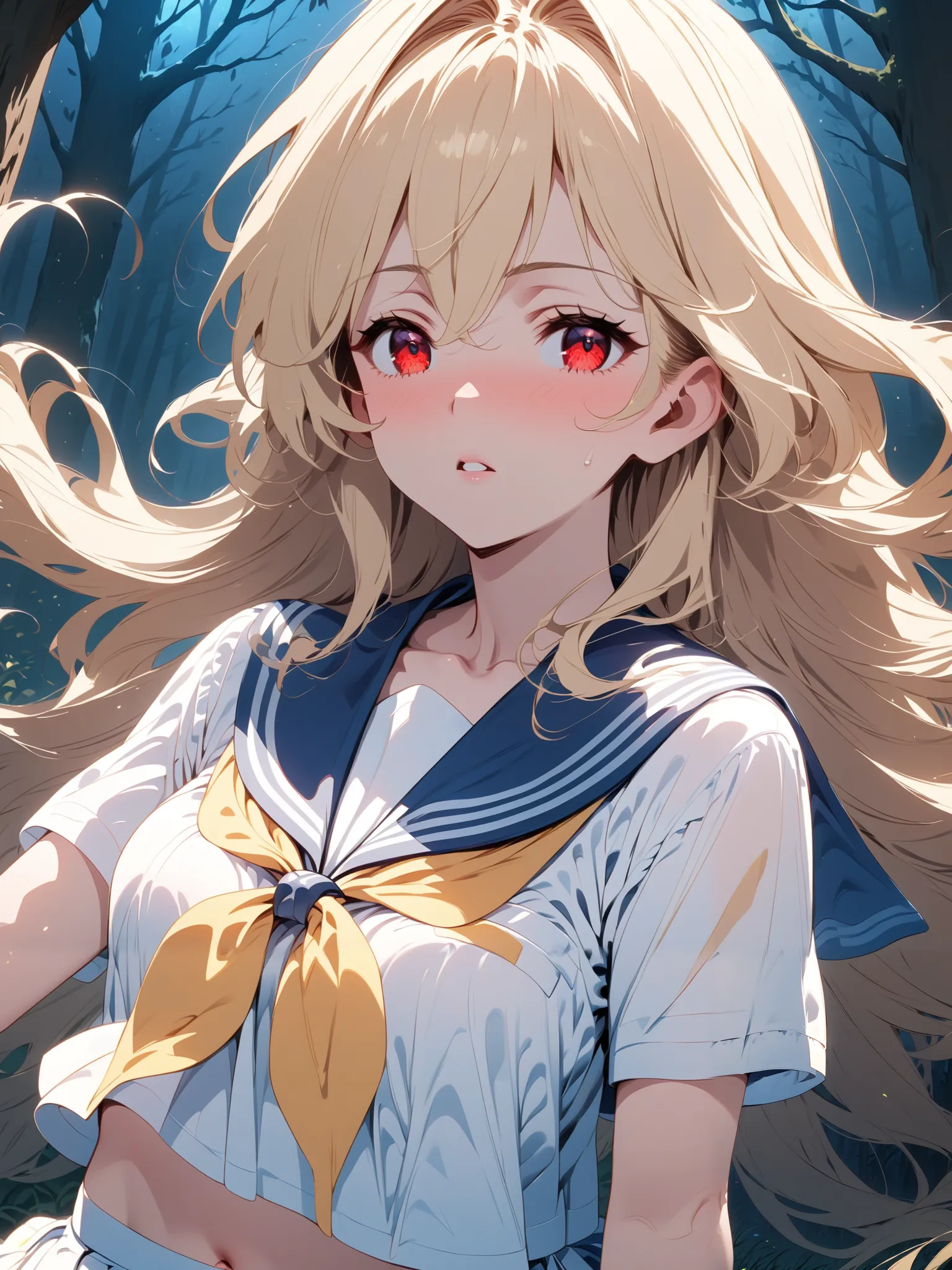 Sailor suit summer uniform, My semi-long blonde hair flutters a little in the wind, Red Eyed Girl, Alone, The background is in the dense forest at night,  alert , miniskirt,  knee shot, corruption,  Shade, (NSFW:0.6),