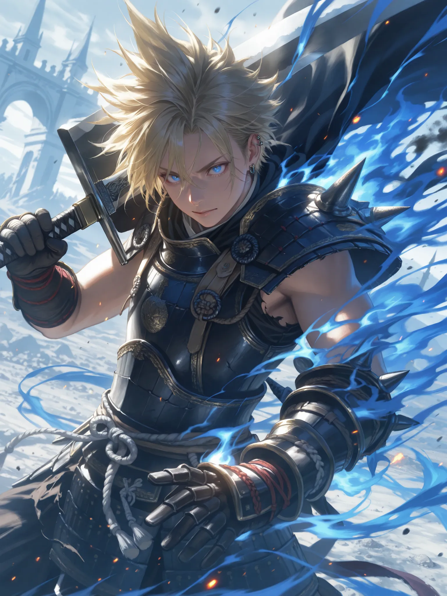 boy, young warrior, spiky blonde hair, piercing blue eyes, wearing an intricate samurai armor with semi-medieval design, combining traditional samurai aesthetics with European knight influences, silver and gold engravings, dark battle-worn plates, flowing ...