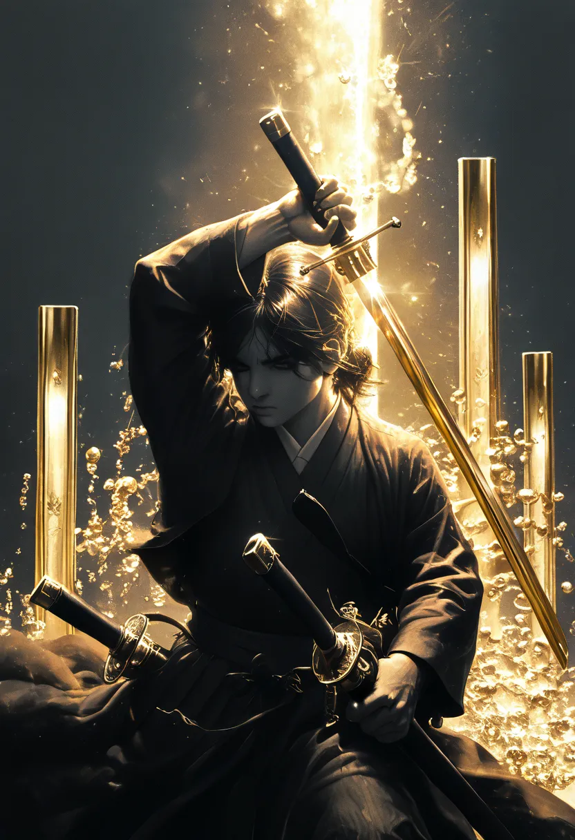  a boy,sword combat , monochrome,grayscale,((gold-colored swords in the background))