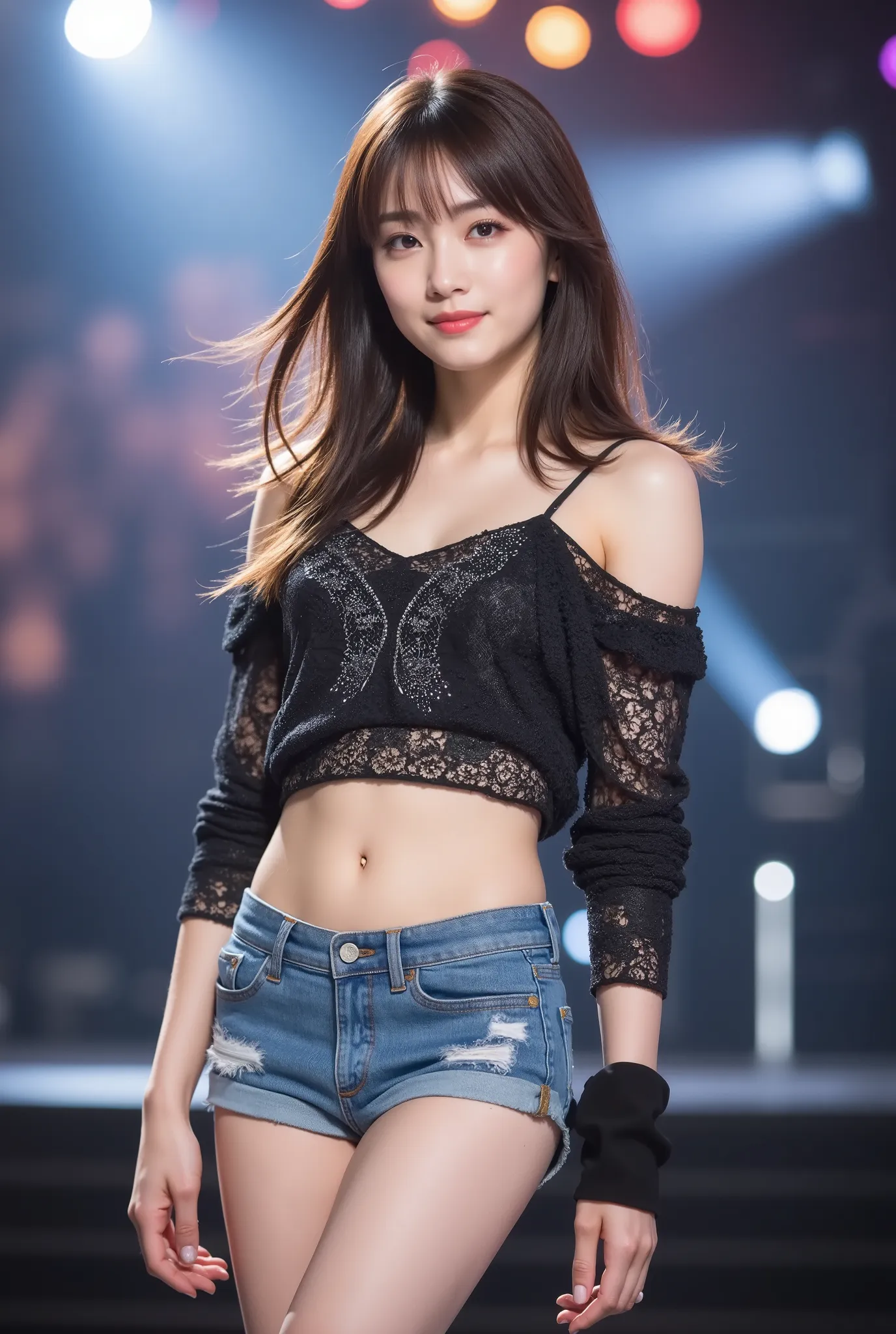 Create a stunning portrait of a beautiful Japanese idol girl. She is wearing a live performance outfit, showcasing her slender figure. Her medium-length hair flows elegantly as she stands confidently on the live stage.