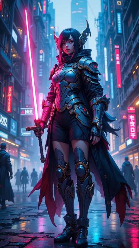 Explore a futuristic world，A female knight holding a glowing sword，standing in a cyberpunk city，Neon and Holographic display intersect。This scene captures the fusion of advanced technology and mysterious aesthetics，creating a captivating and captivating at...