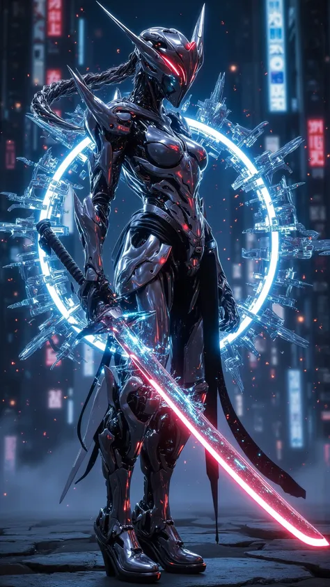 Explore a futuristic world，A female knight holding a glowing sword，standing in a cyberpunk city，Neon and Holographic display intersect。This scene captures the fusion of advanced technology and mysterious aesthetics，creating a captivating and captivating at...